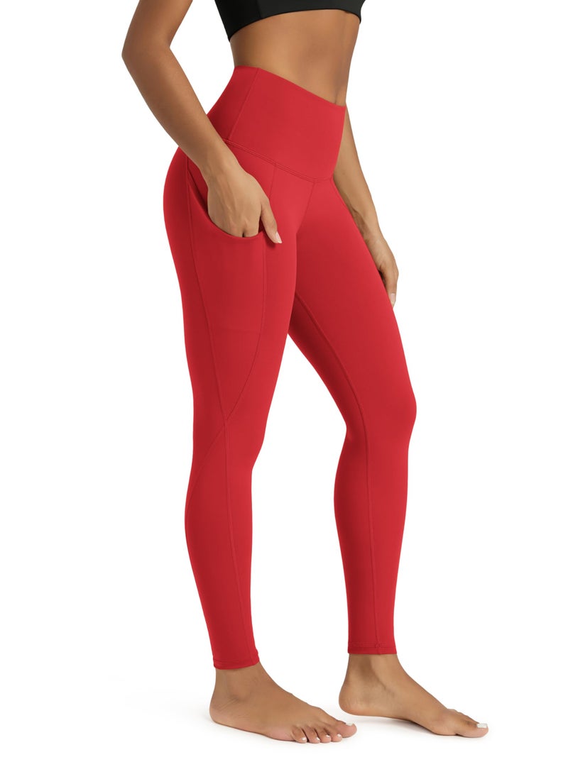 ODODOS Women's High Waisted Full Length Yoga Leggings with Pockets, 28" Inseam Tummy Control Non See Through Workout Athletic Running Yoga Pants, Red, Large - Image 1